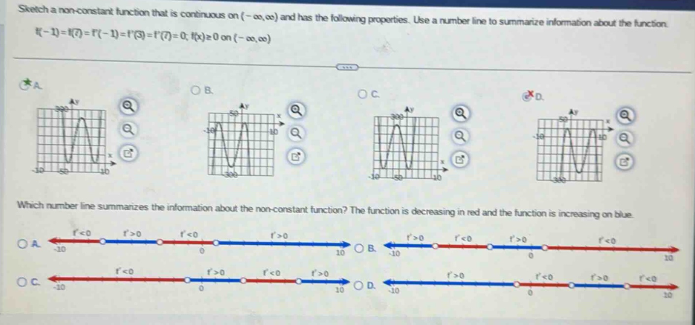 sketch a non - constant function that is continuous on (-oo,oo) and has the following properties. use a number line to summarize information about the function. f(-1)=f(7)=f(-1)=f(3)=f(7)=0; f(x)>=0 on (-oo,oo) which number line summarizes the information about the non - constant function? the function is decreasing in red and the function is increasing on blue.
