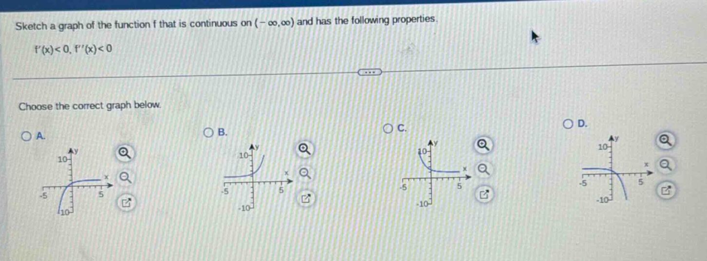 sketch a graph of the function f that is continuous on (-oo,oo) and has the following properties. f(x)<0, f(x)<0 choose the correct graph below. a. b. c. d.