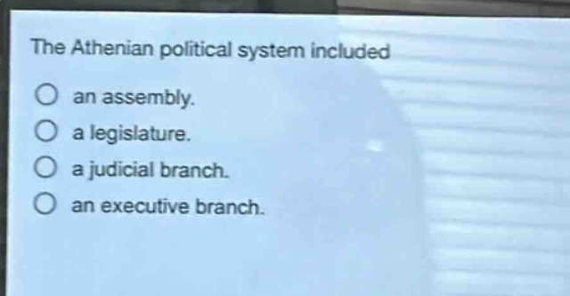 the athenian political system included\nan assembly.\na legislature.\na judicial branch.\nan executive branch.
