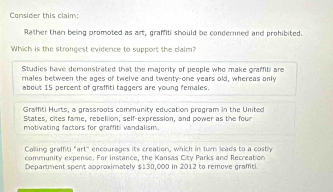 consider this claim: rather than being promoted as art, graffiti should be condemned and prohibited. which is the strongest evidence to support the claim? studies have demonstrated that the majority of people who make graffiti are males between the ages of twelve and twenty - one years old, whereas only about 15 percent of graffiti taggers are young females. graffiti hurts, a grassroots community education program in the united states, cites fame, rebellion, self - expression, and power as the four motivating factors for graffiti vandalism. calling graffiti \art\ encourages its creation, which in turn leads to a costly community expense. for instance, the kansas city parks and recreation department spent approximately $130,000 in 2012 to remove graffiti.