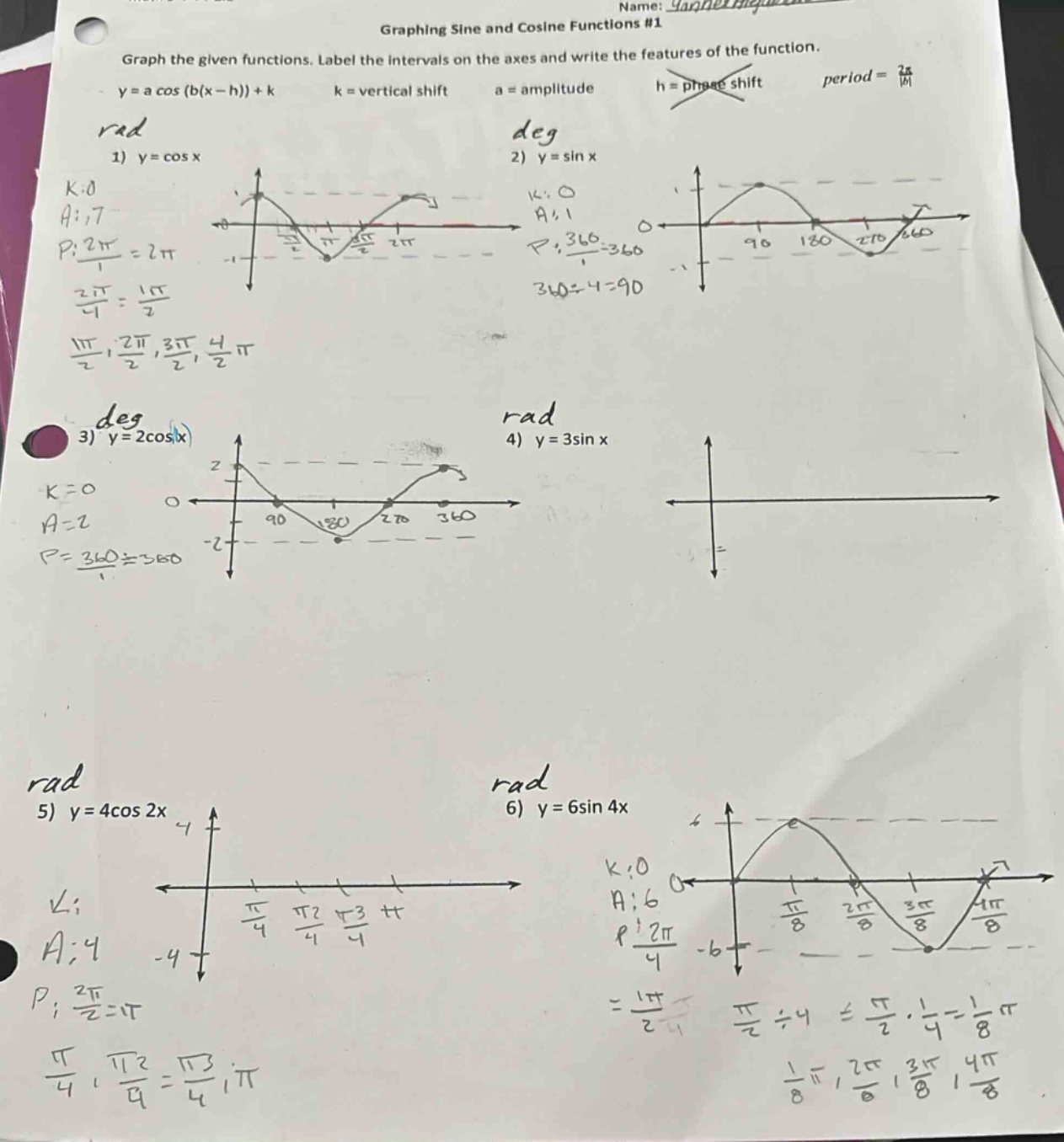 name: graphing sine and cosine functions #1 graph the given functions. label the intervals on the axes and write the features of the function. y = a cos (b(x - h)) + k k = vertical shift a = amplitude h = phase shift period = 2π/|b| rad deg 1) y = cos x 2) y = sin x k:0 k:0 a:1 a:1 p:2π/1 = 2π p:360/1 = 360 2π/4 = π/2 360÷4 = 90 π/2, 2π/2, 3π/2, 4π/2 deg rad 3) y = 2cos(x) 4) y = 3sin x k = 0 a = 2 p = 360÷1 = 360 rad rad 5) y = 4cos 2x 6) y = 6sin 4x k:0 a:4 a:6 p:2π/2 = π p:2π/4 = π/2 π/4, π/2 = 2π/4, 3π/4, π π/8, 2π/8, 3π/8, 4π/8