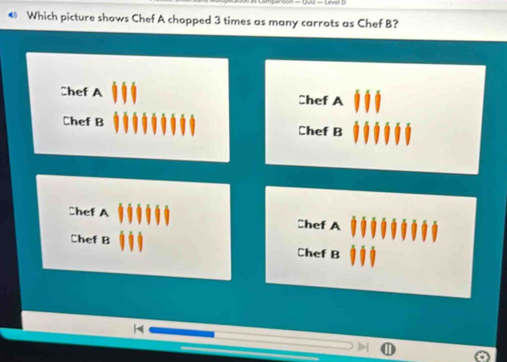 which picture shows chef a chopped 3 times as many carrots as chef b? chef a chef b chef a chef b chef a chef b chef a chef b