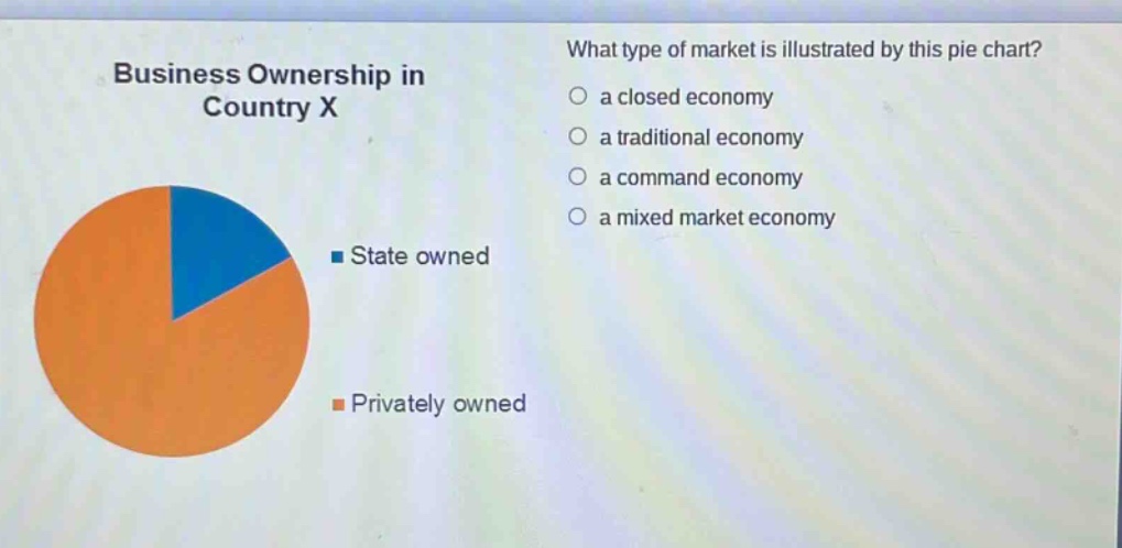 business ownership in country x what type of market is illustrated by this pie chart? a closed economy a traditional economy a command economy a mixed market economy state owned privately owned