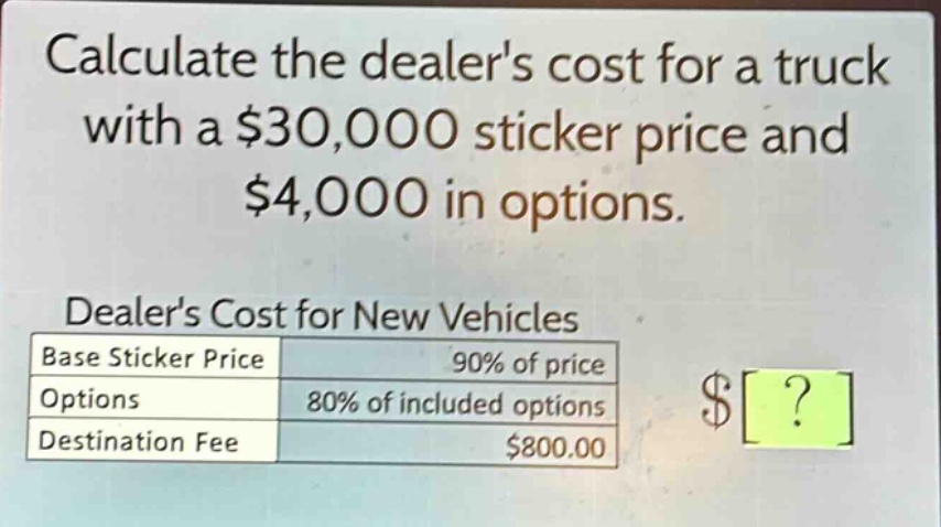 calculate the dealers cost for a truck with a $30,000 sticker price and $4,000 in options. dealers cost for new vehicles base sticker price 90% of price options 80% of included options destination fee $800.00