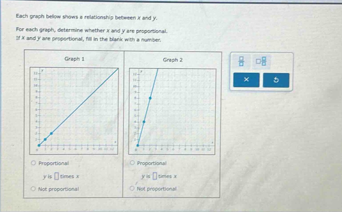 each graph below shows a relationship between x and y. for each graph, determine whether x and y are proportional. if x and y are proportional, fill in the blank with a number. graph 1 graph 2 proportional y is times x proportional y is times x not proportional not proportional