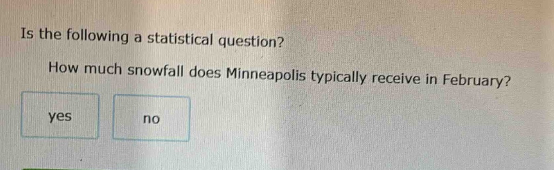 is the following a statistical question? how much snowfall does minneapolis typically receive in february? yes no