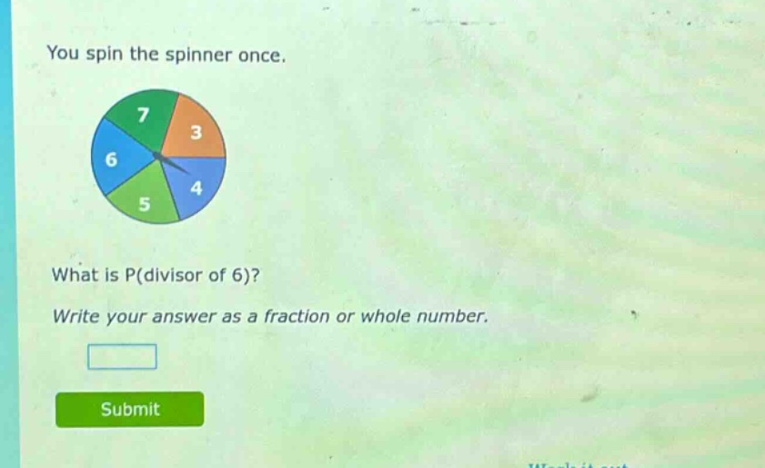 you spin the spinner once. what is p(divisor of 6)? write your answer as a fraction or whole number.