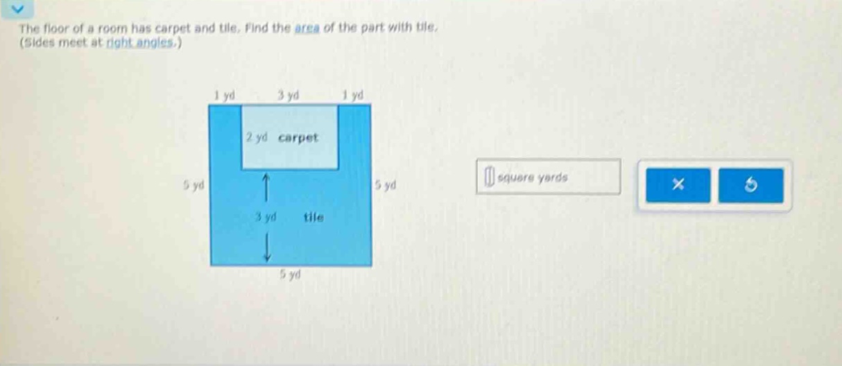 the floor of a room has carpet and tile. find the area of the part with tile. (sides meet at right angles.)