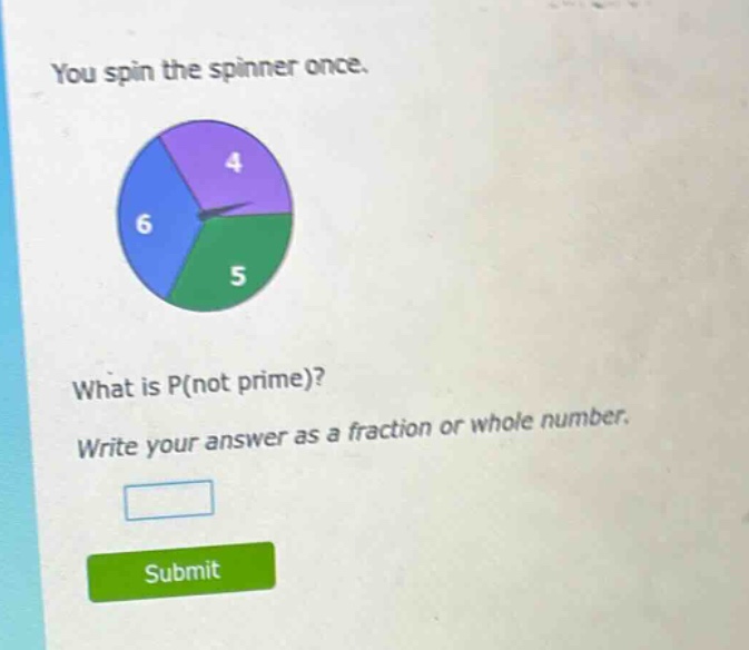 you spin the spinner once. what is p(not prime)? write your answer as a fraction or whole number.