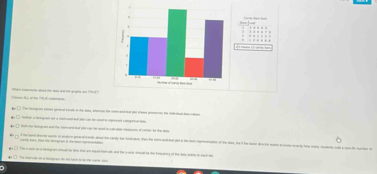 which statements about the data and the graphs are true? choose all of the true statements. the histogram shows general trends in the data, whereas the stem - and - leaf plot shows preserves the individual data values. neither a histogram nor a stem - and - leaf plot can be used to represent categorical data. both the histogram and the stem - and - leaf plot can be used to calculate measures of center for the data. if the band director wants to analyze general trends about the candy bar fundraiser, then the stem - and - leaf plot is the best representation of the data, but if the band director wants to know exactly how many students sold a specific number of candy bars, then the histogram is the best representation. the x - axis on a histogram should be bins that are equal intervals and the y - axis should be the frequency of the data points in each bin. the intervals on a histogram do not have to be the same size.