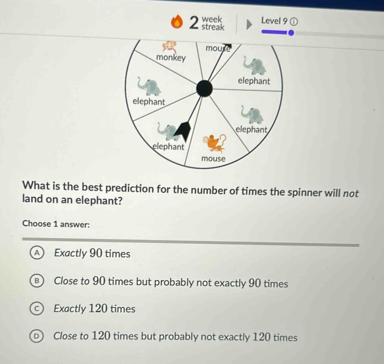 what is the best prediction for the number of times the spinner will not land on an elephant? choose 1 answer: a exactly 90 times b close to 90 times but probably not exactly 90 times c exactly 120 times d close to 120 times but probably not exactly 120 times