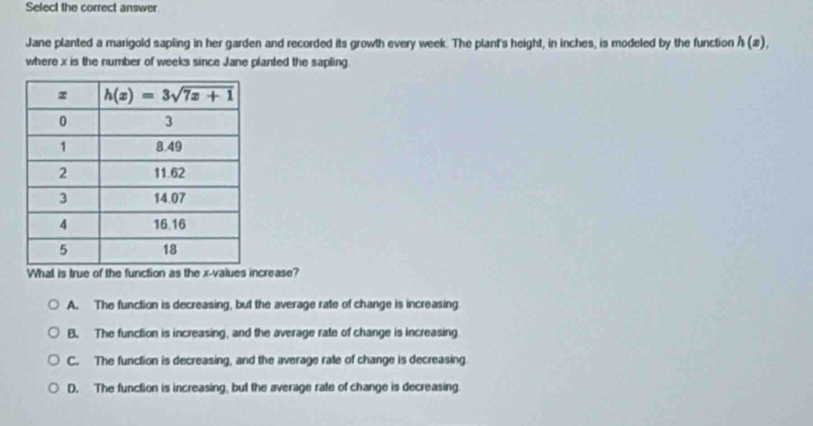 select the correct answer jane planted a marigold sapling in her garden and recorded its growth every week. the plants height, in inches, is modeled by the function h(x), where x is the number of weeks since jane planted the sapling x h(x)=3√(7x + 1) 0 3 1 8.49 2 11.62 3 14.07 4 16.16 5 18 what is true of the function as the x - values increase? a. the function is decreasing, but the average rate of change is increasing b. the function is increasing, and the average rate of change is increasing c. the function is decreasing, and the average rate of change is decreasing d. the function is increasing, but the average rate of change is decreasing