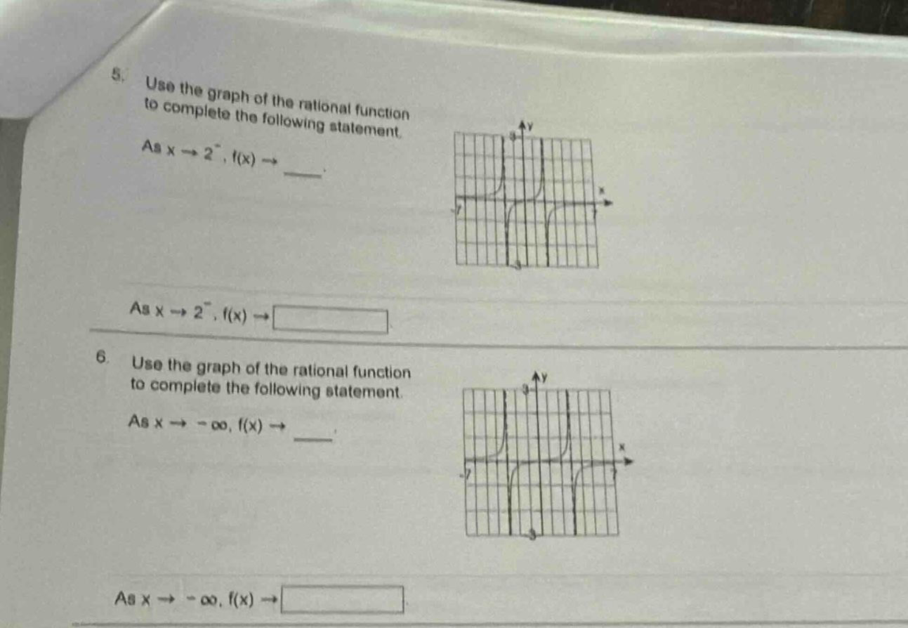 5. use the graph of the rational function to complete the following statement. as x→2⁻, f(x)→___. as x→2⁻, f(x)→ . 6. use the graph of the rational function to complete the following statement. as x→ - ∞, f(x)→___. as x→ - ∞, f(x)→