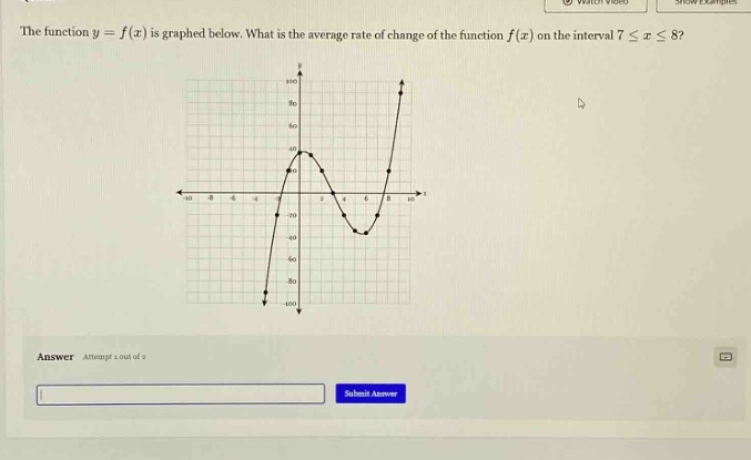 the function y = f(x) is graphed below. what is the average rate of change of the function f(x) on the interval 7 ≤ x ≤ 8? answer attempt 1 out of 3