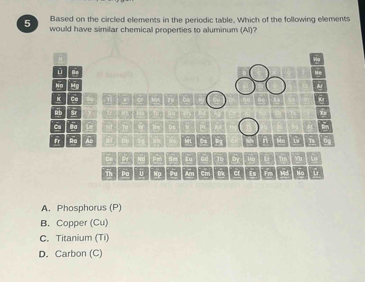5 based on the circled elements in the periodic table, which of the following elements would have similar chemical properties to aluminum (al)? a. phosphorus (p) b. copper (cu) c. titanium (ti) d. carbon (c)