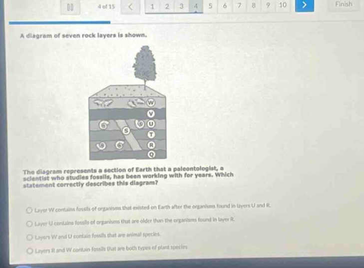 a diagram of seven rock layers is shown. the diagram represents a section of earth that a paleontologist, a scientist who studies fossils, has been working with for years. which statement correctly describes this diagram? layer w contains fossils of organisms that existed on earth after the organisms found in layers u and r. layer u contains fossils of organisms that are older than the organisms found in layer r. layers w and u contain fossils that are animal species. layers r and w contain fossils that are both types of plant species