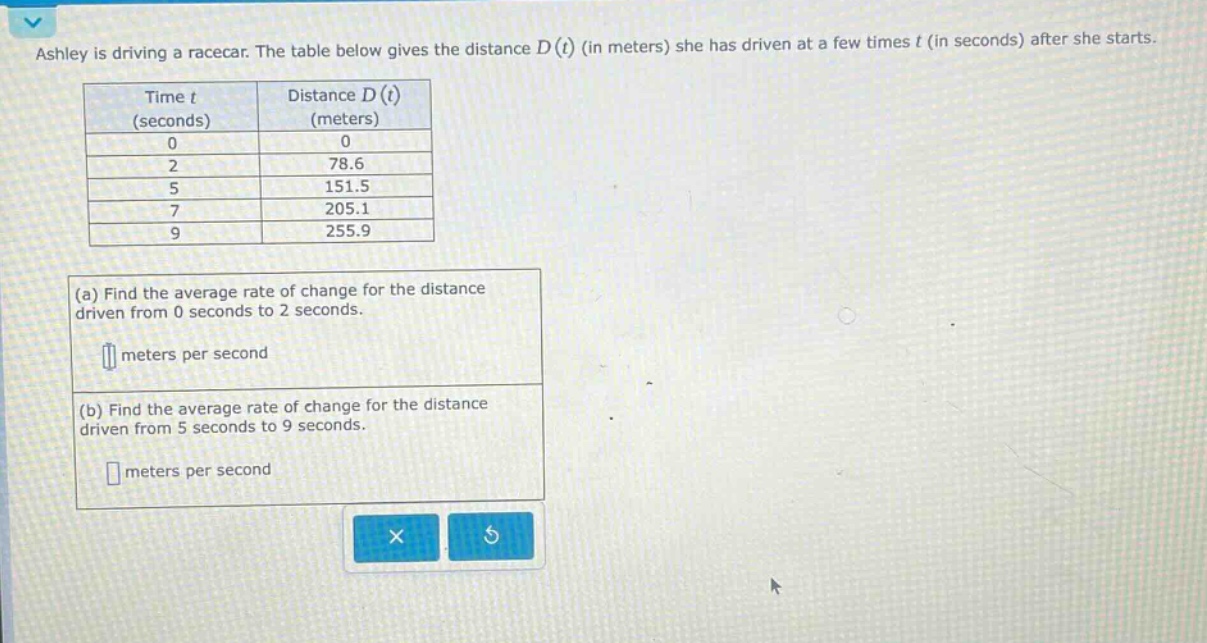 ashley is driving a racecar. the table below gives the distance d(t) (in meters) she has driven at a few times t (in seconds) after she starts. time t (seconds) distance d(t) (meters) 0 0 2 78.6 5 151.5 7 205.1 9 255.9 (a) find the average rate of change for the distance driven from 0 seconds to 2 seconds. meters per second (b) find the average rate of change for the distance driven from 5 seconds to 9 seconds. meters per second