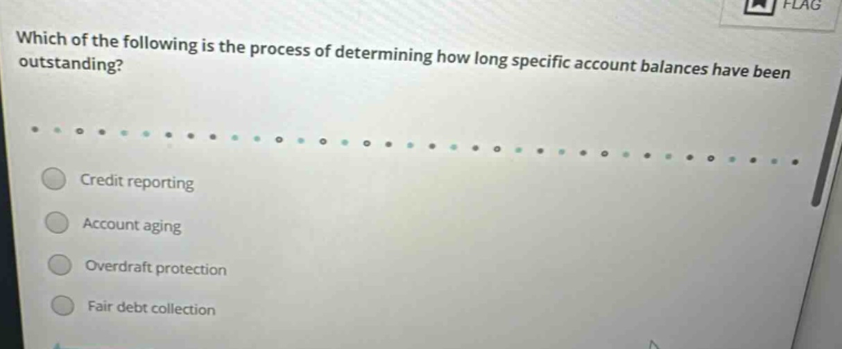 which of the following is the process of determining how long specific account balances have been outstanding? credit reporting account aging overdraft protection fair debt collection
