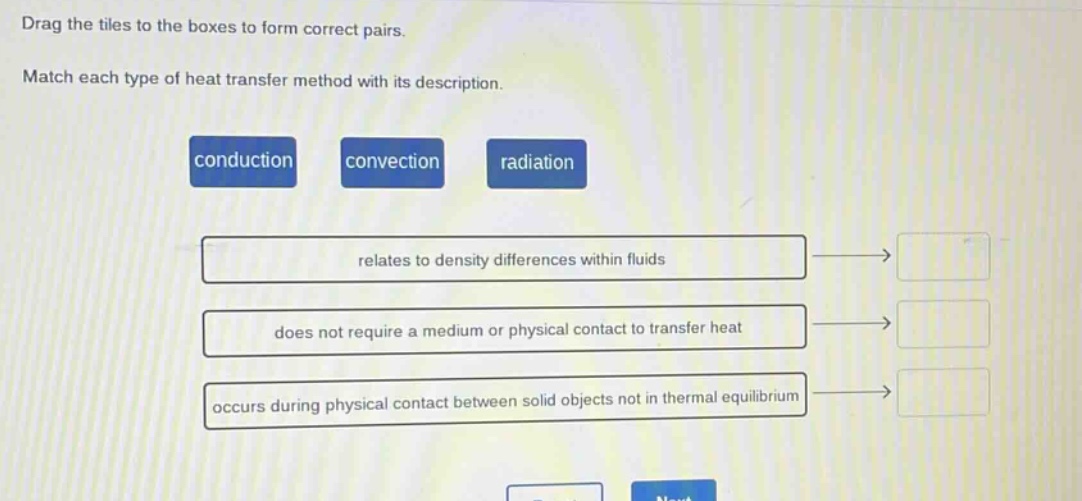 drag the tiles to the boxes to form correct pairs. match each type of heat transfer method with its description. conduction convection radiation relates to density differences within fluids does not require a medium or physical contact to transfer heat occurs during physical contact between solid objects not in thermal equilibrium