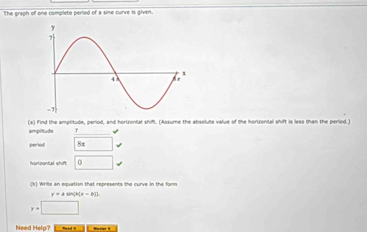 the graph of one complete period of a sine curve is given. (a) find the amplitude, period, and horizontal shift. (assume the absolute value of the horizontal shift is less than the period.) amplitude 7 period 8π horizontal shift 0 (b) write an equation that represents the curve in the form y = a sin(k(x - b)). y =