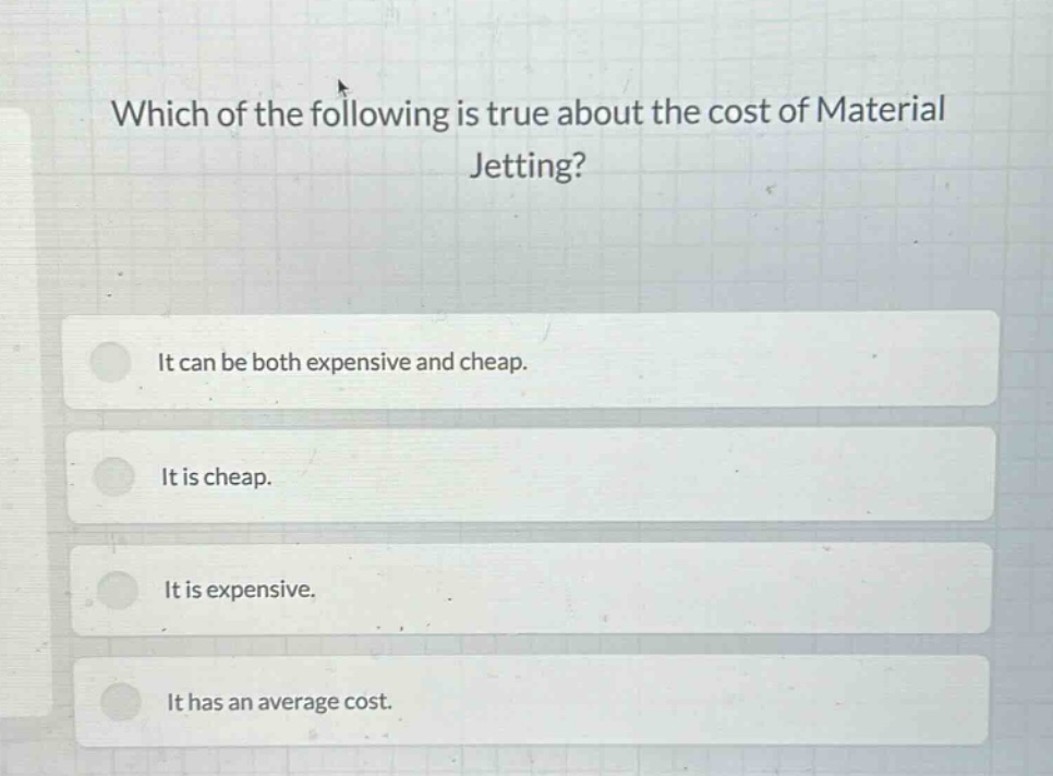 which of the following is true about the cost of material jetting? it can be both expensive and cheap. it is cheap. it is expensive. it has an average cost.