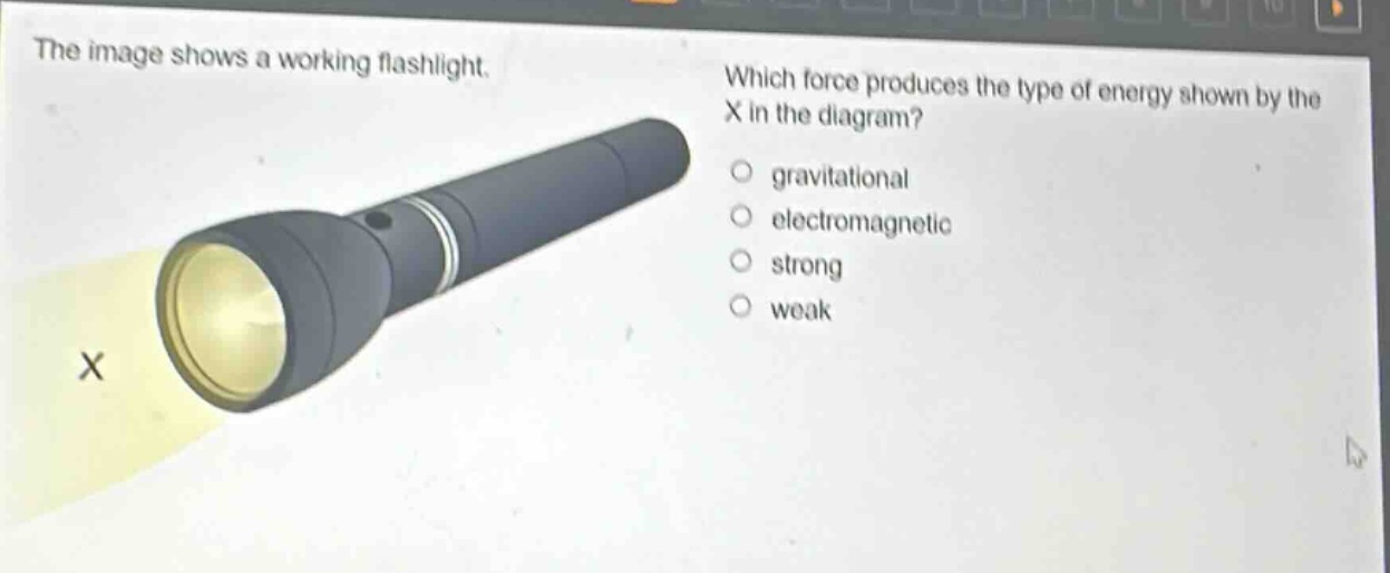 the image shows a working flashlight. which force produces the type of energy shown by the x in the diagram? gravitational electromagnetic strong weak
