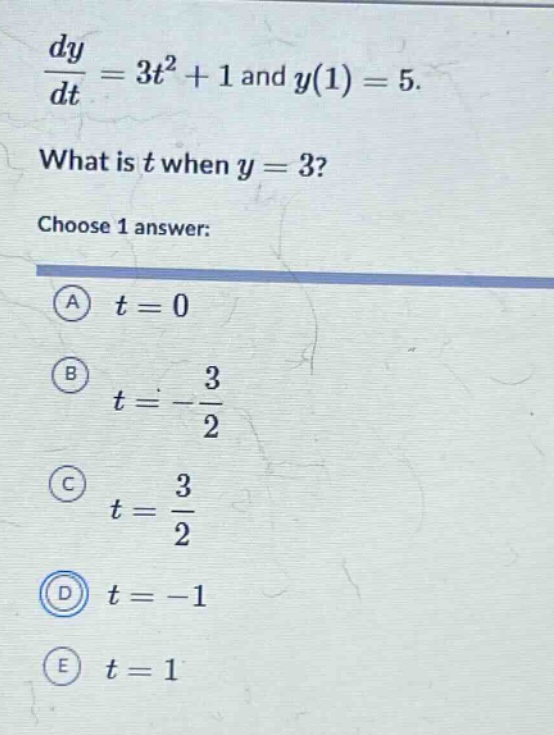 dy/dt = 3t² + 1 and y(1) = 5. what is t when y = 3? choose 1 answer: a t = 0 b t = -3/2 c t = 3/2 d t = -1 e t = 1
