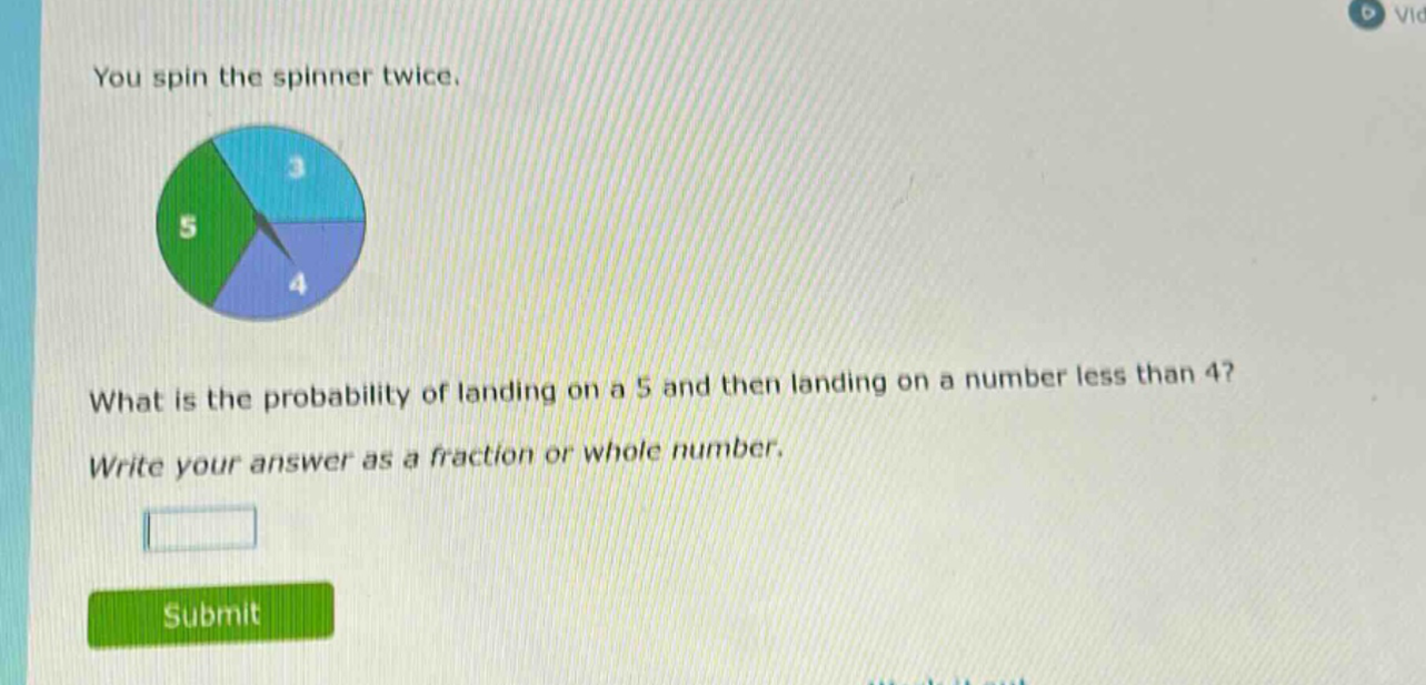 you spin the spinner twice. what is the probability of landing on a 5 and then landing on a number less than 4? write your answer as a fraction or whole number.