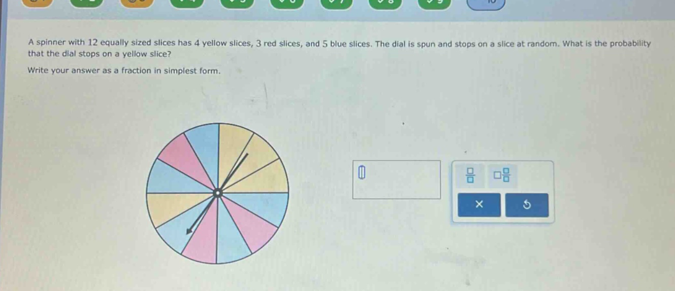 a spinner with 12 equally sized slices has 4 yellow slices, 3 red slices, and 5 blue slices. the dial is spun and stops on a slice at random. what is the probability that the dial stops on a yellow slice? write your answer as a fraction in simplest form.