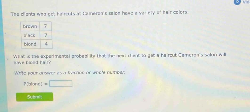 the clients who get haircuts at camerons salon have a variety of hair colors. brown 7 black 7 blond 4 what is the experimental probability that the next client to get a haircut camerons salon will have blond hair? write your answer as a fraction or whole number. p(blond) =