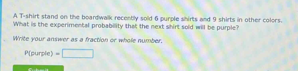 a t - shirt stand on the boardwalk recently sold 6 purple shirts and 9 shirts in other colors. what is the experimental probability that the next shirt sold will be purple? write your answer as a fraction or whole number. p(purple) =