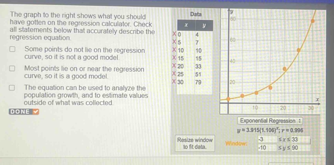the graph to the right shows what you should have gotten on the regression calculator. check all statements below that accurately describe the regression equation. some points do not lie on the regression curve, so it is not a good model. most points lie on or near the regression curve, so it is a good model. the equation can be used to analyze the population growth, and to estimate values outside of what was collected. done