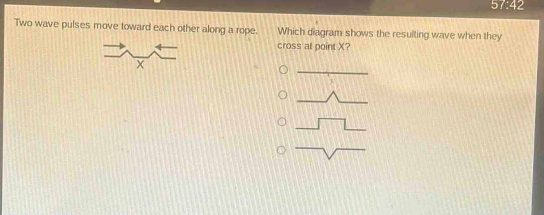 two wave pulses move toward each other along a rope. which diagram shows the resulting wave when they cross at point x?
