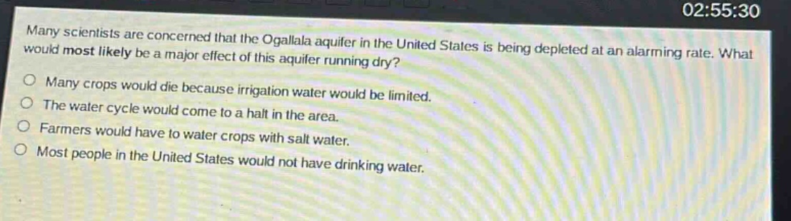 many scientists are concerned that the ogallala aquifer in the united states is being depleted at an alarming rate. what would most likely be a major effect of this aquifer running dry?\no many crops would die because irrigation water would be limited.\no the water cycle would come to a halt in the area.\no farmers would have to water crops with salt water.\no most people in the united states would not have drinking water.