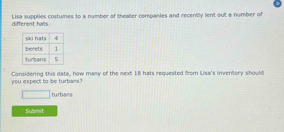 lisa supplies costumes to a number of theater companies and recently lent out a number of different hats. ski hats 4 berets 1 turbans 5 considering this data, how many of the next 18 hats requested from lisas inventory should you expect to be turbans? turbans