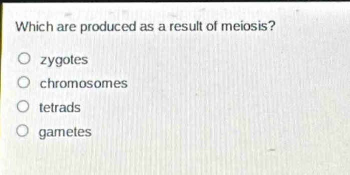 which are produced as a result of meiosis?\nzygotes\nchromosomes\ntetrads\ngametes