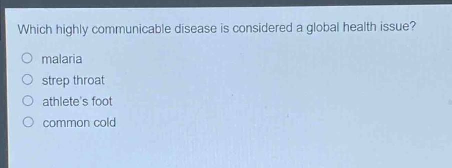 which highly communicable disease is considered a global health issue?\nmalaria\nstrep throat\nathletes foot\ncommon cold