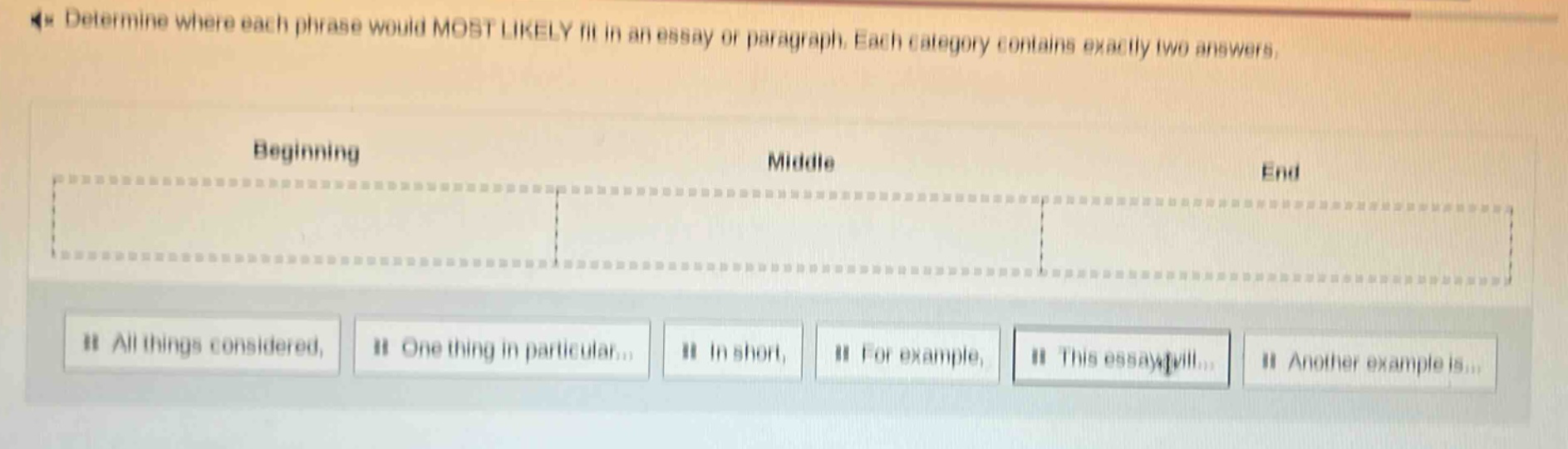 determine where each phrase would most likely fit in an essay or paragraph. each category contains exactly two answers. beginning middle end all things considered, one thing in particular... in short, for example, this essay will... another example is...