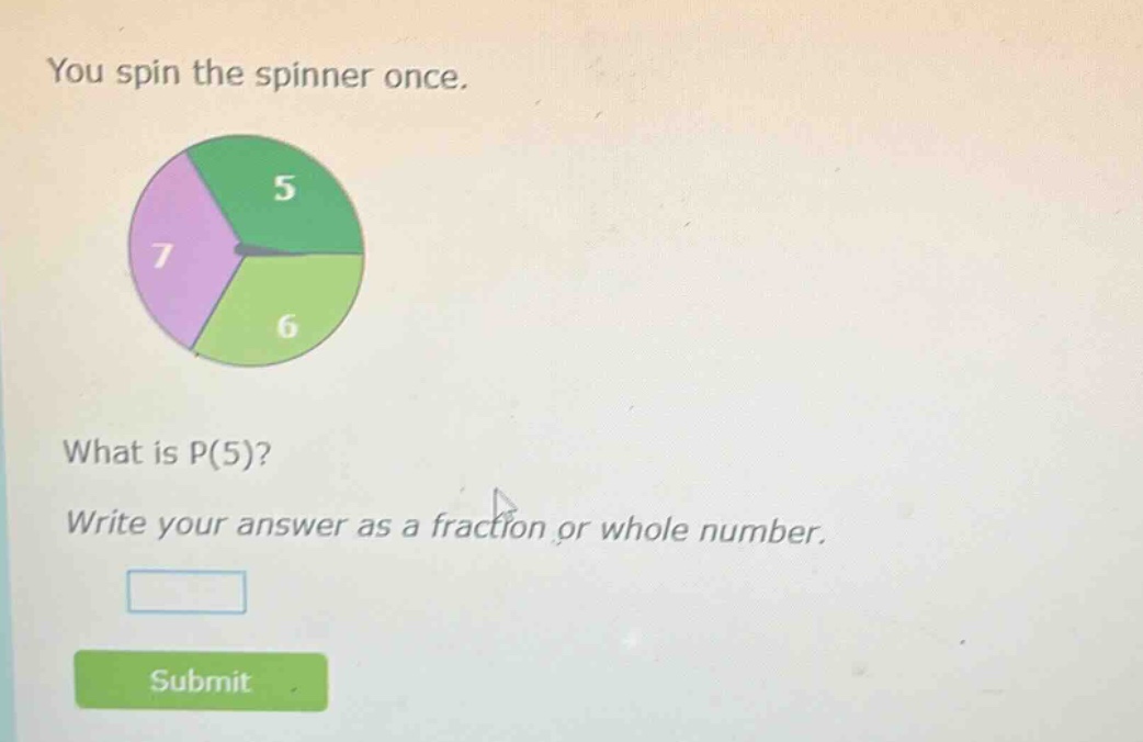 you spin the spinner once. what is p(5)? write your answer as a fraction or whole number.