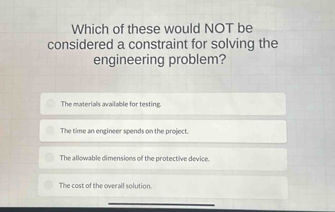 which of these would not be considered a constraint for solving the engineering problem? the materials available for testing. the time an engineer spends on the project. the allowable dimensions of the protective device. the cost of the overall solution.