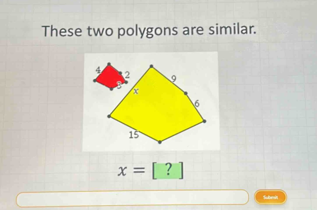 these two polygons are similar. x = ?