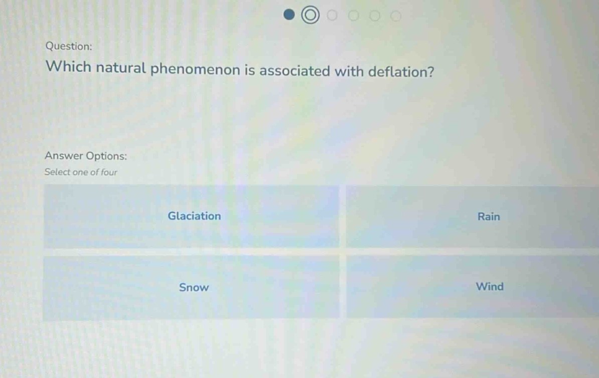 question: which natural phenomenon is associated with deflation? answer options: select one of four glaciation rain snow wind