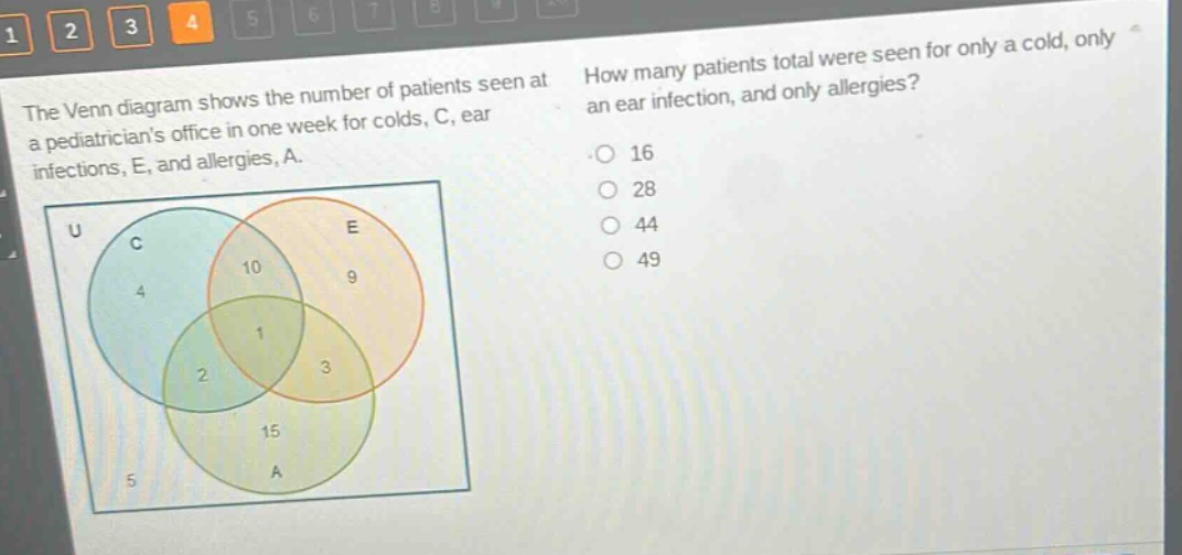the venn diagram shows the number of patients seen at a pediatricians office in one week for colds, c, ear infections, e, and allergies, a. how many patients total were seen for only a cold, only an ear infection, and only allergies? 16 28 44 49
