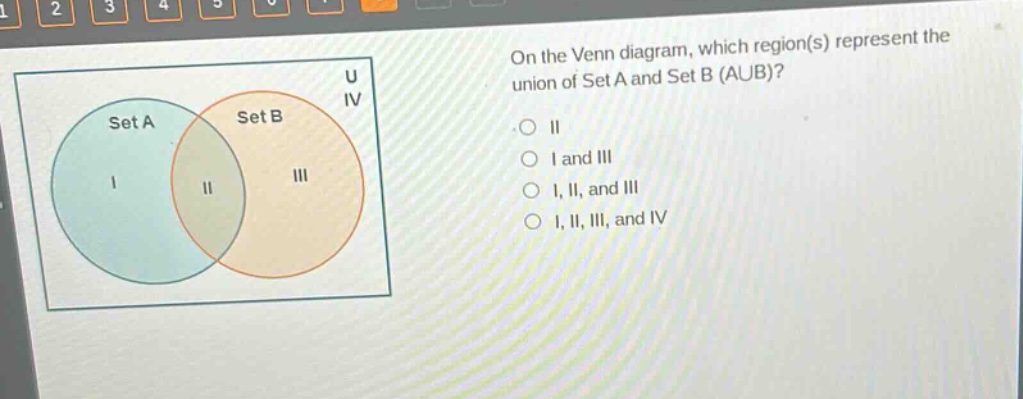 on the venn diagram, which region(s) represent the union of set a and set b (aub)? ii i and iii i, ii, and iii i, ii, iii, and iv