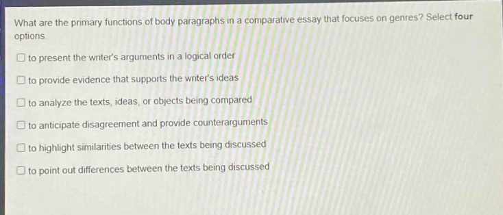 what are the primary functions of body paragraphs in a comparative essay that focuses on genres? select four options. to present the writers arguments in a logical order to provide evidence that supports the writers ideas to analyze the texts, ideas, or objects being compared to anticipate disagreement and provide counterarguments to highlight similarities between the texts being discussed to point out differences between the texts being discussed