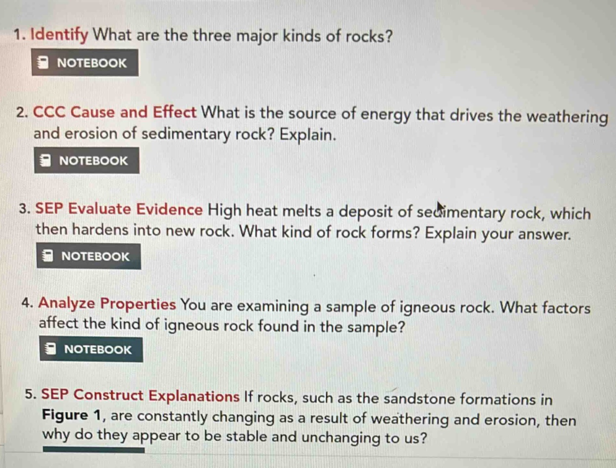 1. identify what are the three major kinds of rocks? 2. ccc cause and effect what is the source of energy that drives the weathering and erosion of sedimentary rock? explain. 3. sep evaluate evidence high heat melts a deposit of sedimentary rock, which then hardens into new rock. what kind of rock forms? explain your answer. 4. analyze properties you are examining a sample of igneous rock. what factors affect the kind of igneous rock found in the sample? 5. sep construct explanations if rocks, such as the sandstone formations in figure 1, are constantly changing as a result of weathering and erosion, then why do they appear to be stable and unchanging to us?