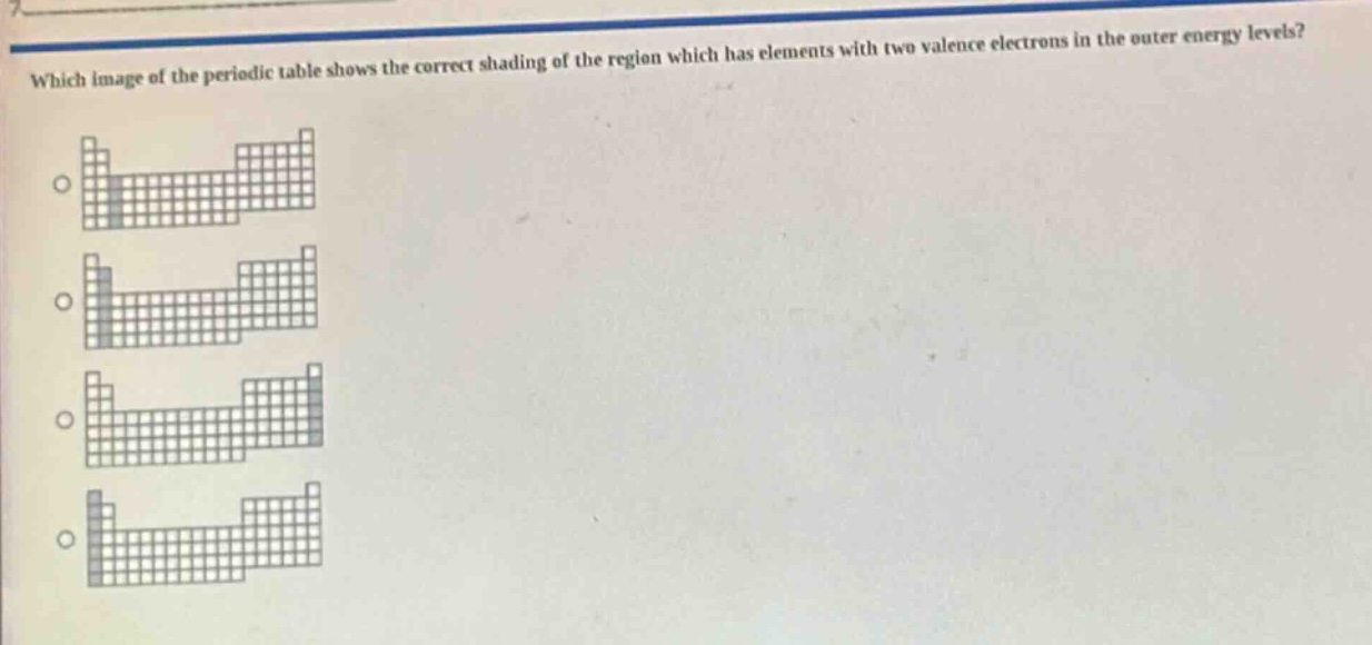 which image of the periodic table shows the correct shading of the region which has elements with two valence electrons in the outer energy levels?