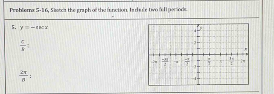 problems 5 - 16, sketch the graph of the function. include two full periods. 5. y = - sec x c/b : 2π/b :