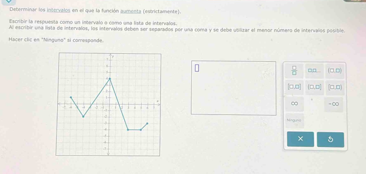 determinar los intervalos en el que la función aumenta (estrictamente). escribir la respuesta como un intervalo o como una lista de intervalos. al escribir una lista de intervalos, los intervalos deben ser separados por una coma y se debe utilizar el menor número de intervalos posible. hacer clic en \ninguno\ si corresponde.