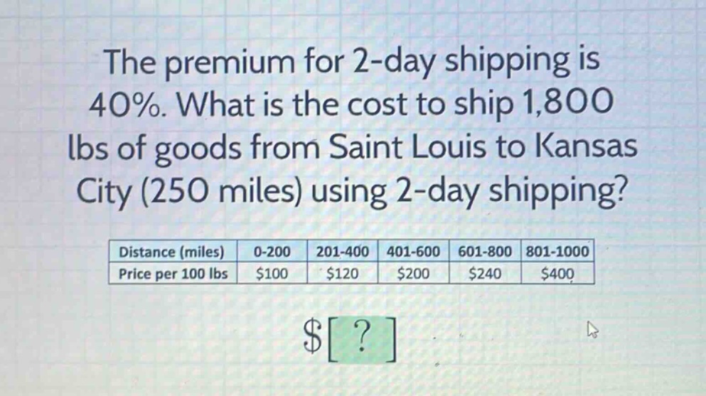 the premium for 2 - day shipping is 40%. what is the cost to ship 1,800 lbs of goods from saint louis to kansas city (250 miles) using 2 - day shipping? distance (miles) 0 - 200 201 - 400 401 - 600 601 - 800 801 - 1000 price per 100 lbs $100 $120 $200 $240 $400 $?